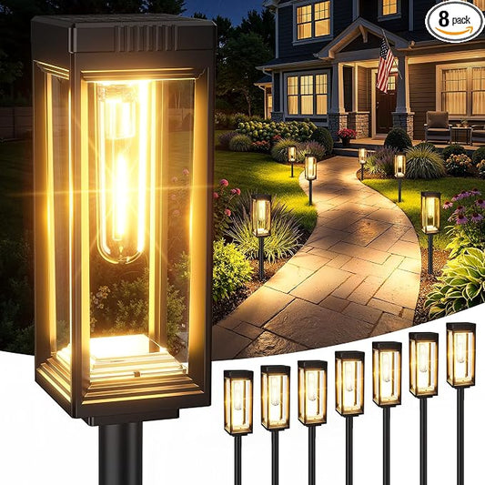 Tall Solar Pathway Lights Outdoor Waterproof, Bright Garden Lights Solar Powered, Auto On/Off, Up to 15Hrs Outdoor Light for Path Yard Walkway Driveway Patio Lawn Decor Landscape, 8 Pack