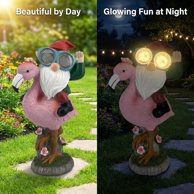 iStatue Solar Flamingo Gnome Garden Statue with Blinking LED Goggles, Funny Solar Garden Decor Outdoor Lawn Ornament Unique Birthday Gifts for Mom Women Dad Men (Multicolor)