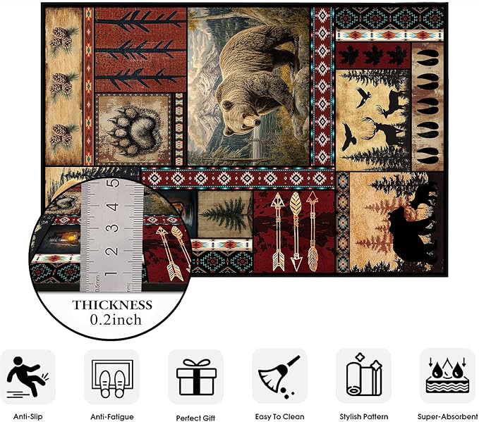 Rustic Cabin Area Rug 2x3 for Living Room, Bear Deer Print Mat, Western Animal Decor Non-Slip Low-Pile Machine Washable Door Floor Carpet for Dining Room Bedroom Office