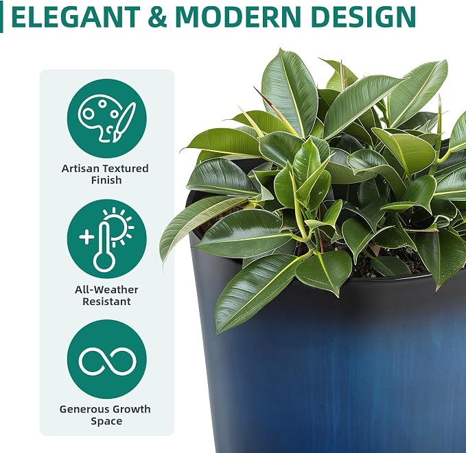 Autodaya 23.8" Tall Planters Set of 2, Large Plastic Plant Pots with Artistic Floating Cobalt Blue Glaze, UV-Resistant Lightweight PP Flower Pots for Outdoor Indoor Plants, Garden, Patio, Deck, Porch