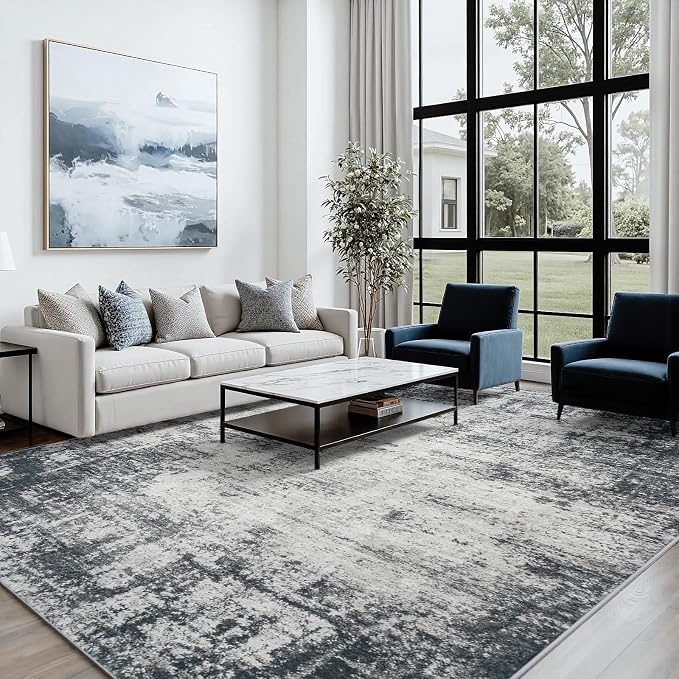9x12 Area Rugs for Living Room: Washable Soft Deep Black Abstract Carpet | Non-Slip TPE & Stain Resistant,0.25" Low-Pile,Kids Pet Friendly Modern Decor for Dining Room Farmhouse Office, Non-Shedding
