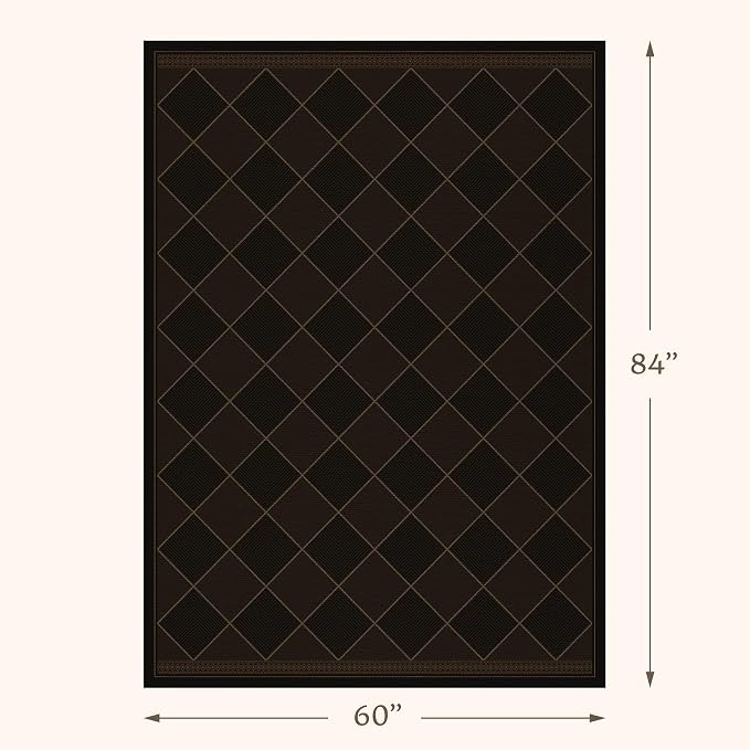 Large Dark Brown Checkered Easy Jute Outdoor Area Rug 5x7, Boho Diamond Geometric Pattern Non-Slip Living Room Patio Rug Indoor, Low Pile Stain Resistant Boho Decor Carpet for Dining Room and Office