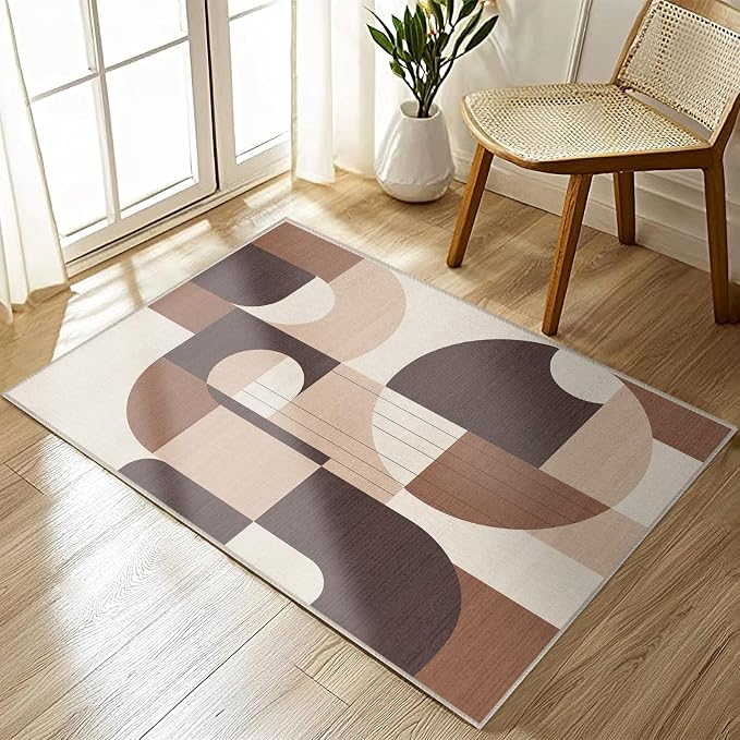 2x3 Brown Geometric Rug for Bathroom Entryway Modern Abstract Area Rug Machine Washable Mat Non-Slip Small Carpet for Bedroom Kitchen Indoor