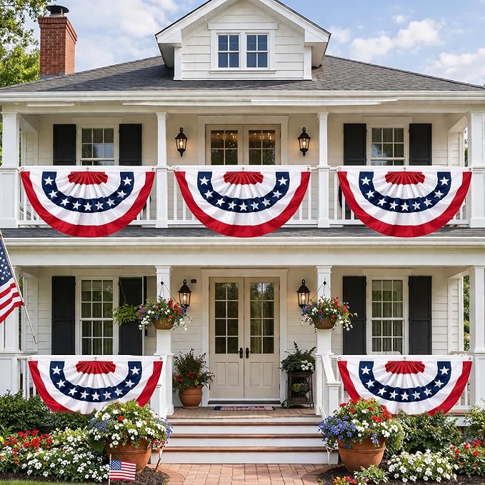 3x6 FT American Bunting Flags Outdoor, 4th of July Pleated Large Fan Flags, USA Patriotic Banner Decorations for 250th Anniversary, Outside Porch, Fence, Yard Garden, Red White and Blue Decor (4)