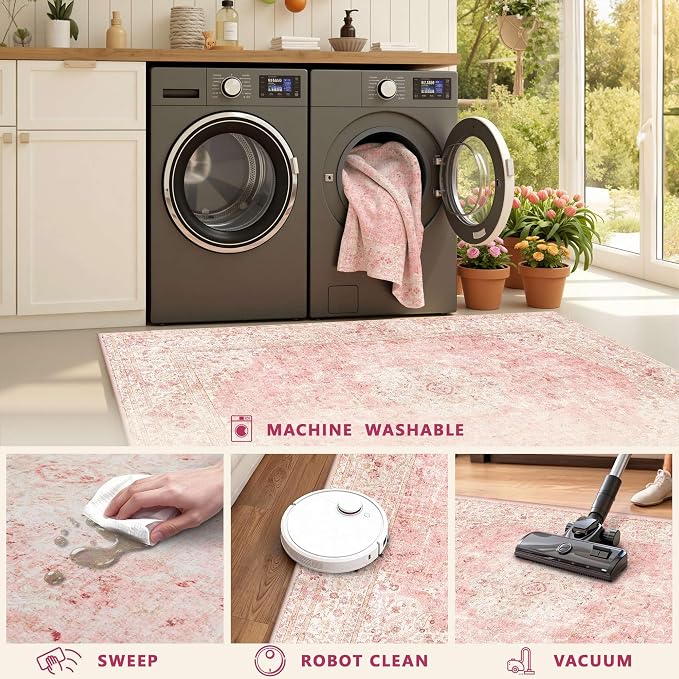 Latte&Fog Washable Entryway Rug 2x3, Vintage Pink Area Rugs for Kitchen | Low Pile Non Slip Soft Throw Rug Doormat for Entrance Bathroom Laundry Bedroom Nursery Playroom Hallyway Dorm Decor Office