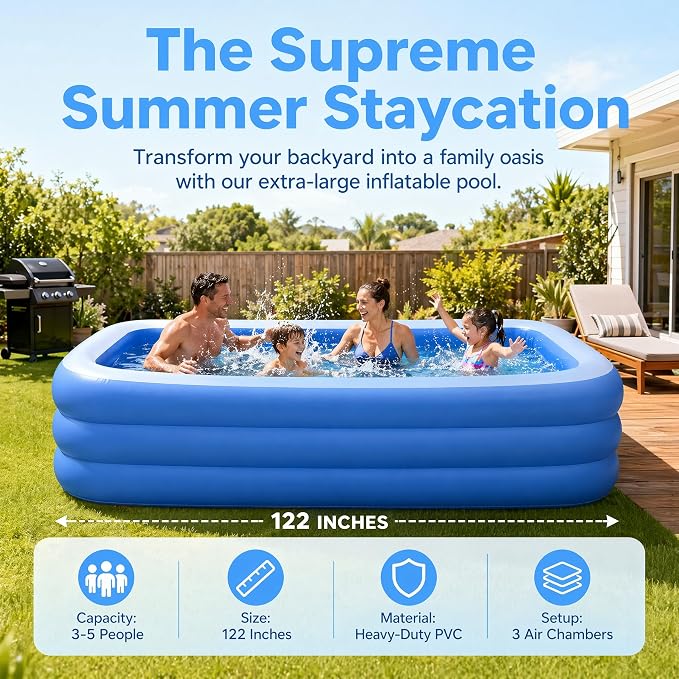 Title Inflatable Swimming Pool for Adults and Kids 112"×65"×20", Thickened PVC Blow Up Family Pool with Electric Pump, 3 Air Chambers, Outdoor Backyard Garden Summer