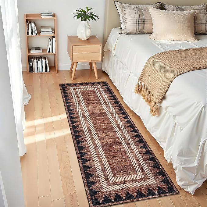 GarveeHome Modern Geometric Runner Rug 2x6 Washable Hallway Runner Rugs Brown Unique Bordered Neutral Bathroom Rug Non Slip, Non Shedding Kitchen Mat, Soft Low Pile Neutral Carpet for Laundry