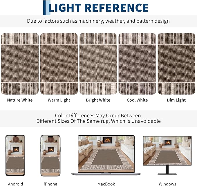 COZYLOOM Indoor Outdoor Rugs 8x10 Modern Easy Jute Washable Area Rug,Taupe | Non Slip Neutral Bordered Non Shedding Stain Resistant Foldable Rug for Living Room Dining Room Bedroom Patio Backyard