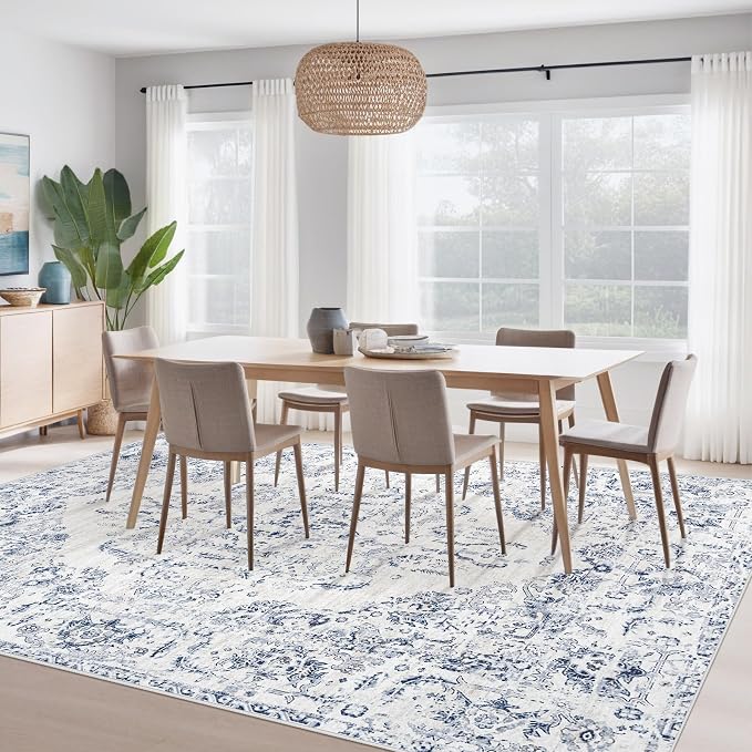 10x14 Area Rugs for Living Room: Washable Rug Vintage Large Rugs Soft Non Slip Low Pile Rug Floral Distressed Floor Carpet for Bedroom Nursery Dining Room Home Office (Blue,10'x14')