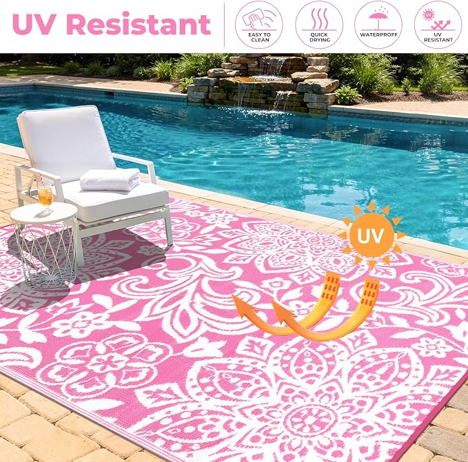 Findosom Waterproof Outdoor Rug 6' x 9' - Reversible Mandala Outdoor Plastic Straw Rug, Durable Foldable Patio Rug for RV, Deck, Balcony, Backyard, Picnic, Porch, Camping, Beach, Pink
