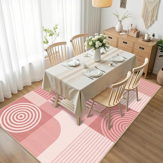 Pink Geometric Rug 3x5 for Bedroom Living Room Small Area Rug Machine Washable Minimalist Line Mid Century Modern Rugs Non Slip Low Pile Mat Indoor Floor Carpet for Bathroom Laundry,Pink