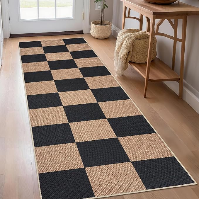Garvee 2x6 Runner Rug Kitchen Rugs Non Slip Washable Rug, Black/Brown | Easy Jute Modern Checkered Rug Hallway Runner Rug Stain Resistant Easy Cleaning Non Shedding Floor Cover for Laundry Entryway