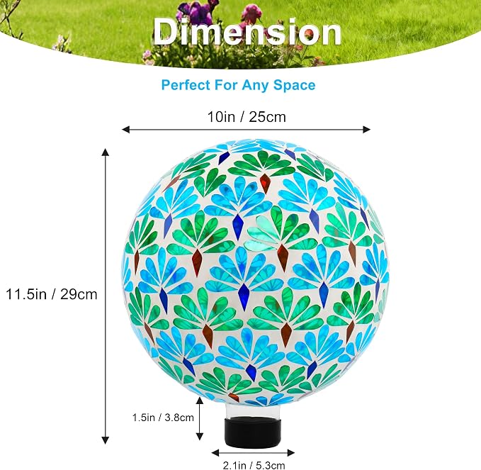 SAVENNA Mosaic Garden Gazing Ball 10 Inch, Glass Decorative Sphere for Indoor & Outdoor Garden, Patio, Home & Yard, Blue & Green Leaf Pattern