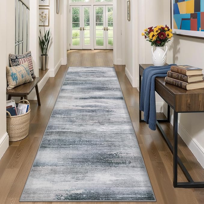 Tangsoo Abstract 3x7 Washable Runner Rug for Hallway Non Slip Modern | Grey Soft Low Pile 7ft Runner Rugs, Contemporary Print Carpet Runners for Kitchen Bedroom Entryway Living Room Decor