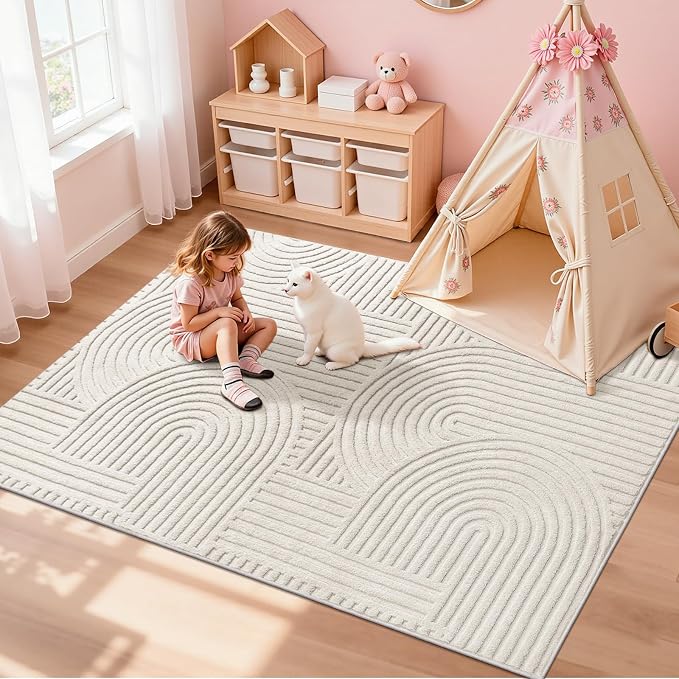 Pauwer 4x6 Area Rugs for Living Room, Modern Non Slip Washable Rug, Beige | Arch Pattern, Soft Fluffy, Neutral, Boho Accent, Solid Color Floor Carpet, For Kids Room Dining Room Nursery Entryway