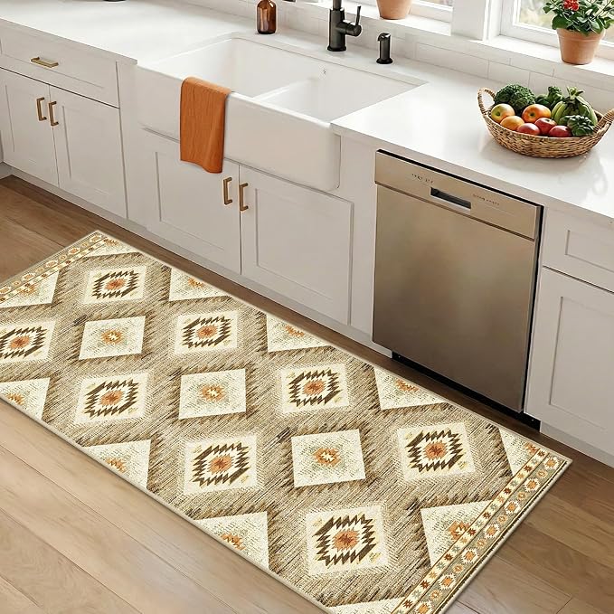 2'x5' Washable Area Rug for Living Room Runner Cream/Camel | Soft Western No Slip Low Pile Print Foldable Indoor Small Rug for Kitchen entrance entryway hallway