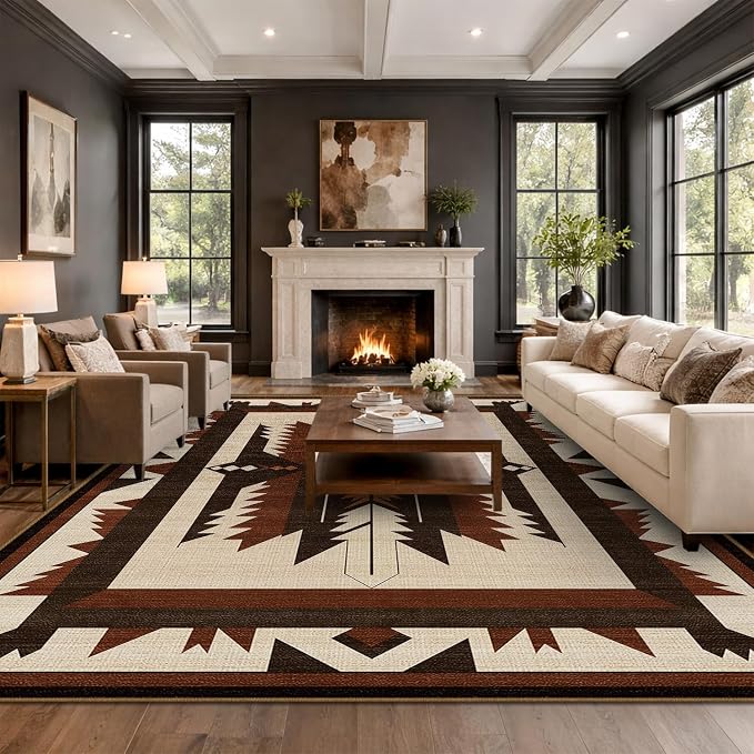 8x10 Western Aztec Area Rug for Living Room Bedroom Southwestern Rustic Large Rug Machine Washable Non-Slip Carpet for Dining Room Office