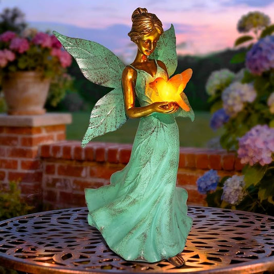 Solar Fairy Garden Statue Decor - 10 Inch Angel Girls Resin Figurine Waterproof Home Decoration with Hummingbird LED Lights for Bedroom Balcony Table Yard Patio, Gifts for Women Mom Birthday