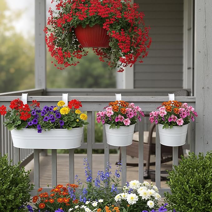 16 Pcs Hanging Flower Pots Planters for Outdoor Metal Iron Wall Flower Planter Baskets for Railing Fence Balcony Garden Yard Home Indoor Decoration with Detachable Hooks(White)