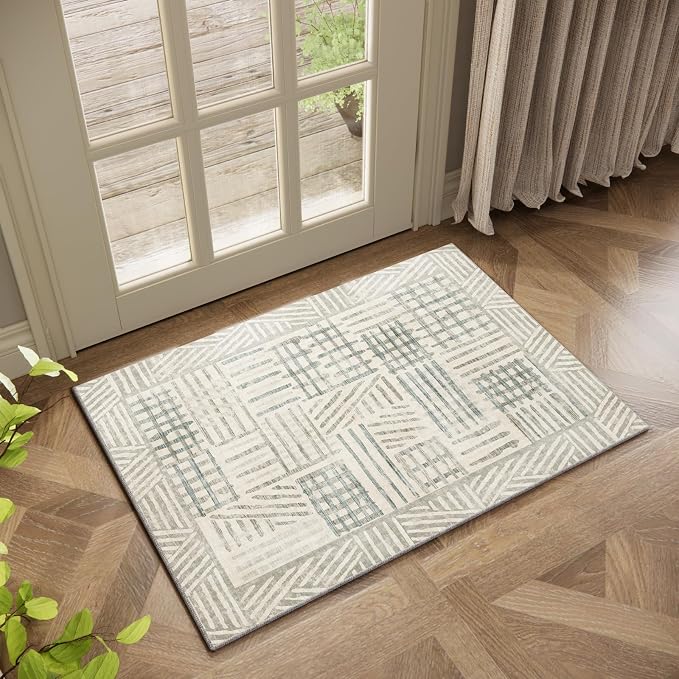 Non-Slip Washable Entry Rug 2x3 Abstract Geometric Textured Brushstroke - Neutral Gray & Light Blue Modern Minimalist Hallway Runner Rug, Decorative Carpet for Living Room Bedroom Home Decor