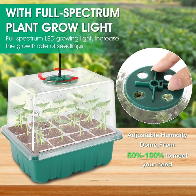 Seed Starter Tray with Light, 6PCS Seed Starter Kit with Grow Light, Seedling Starter Trays with Humidity Domes, Covers Height 3.9", Indoor Gardening Plant Germination Trays (12 Cells per Tray)