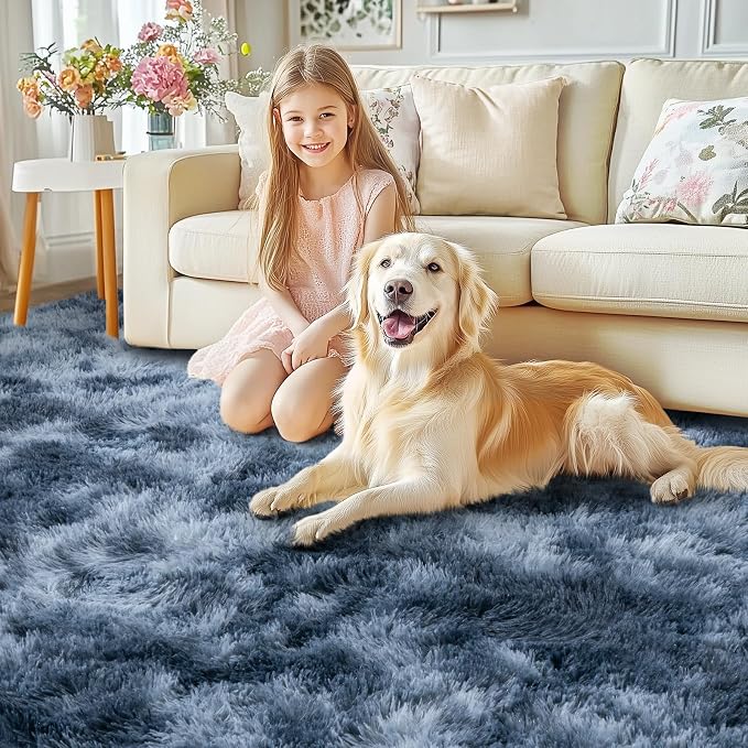 Large Area Rugs 10x14 Living Room, Ultra Fluffy Fuzzy Shag Rug for Bedroom, Modern Plush Soft High Pile Upgrade Non-Slip Carpet for Kids Girls and Boys Room Decor, Tie-Dyed Blue Grey