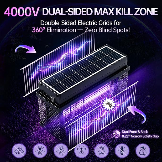 Solar Bug Zapper Outdoor, Purple UV Mosquito Zapper with Smart Rain Off Rechargeable Mosquito Killer Lamp, Wireless Solar Powered Fly Trap for Yard Patio RV (Pure Black)