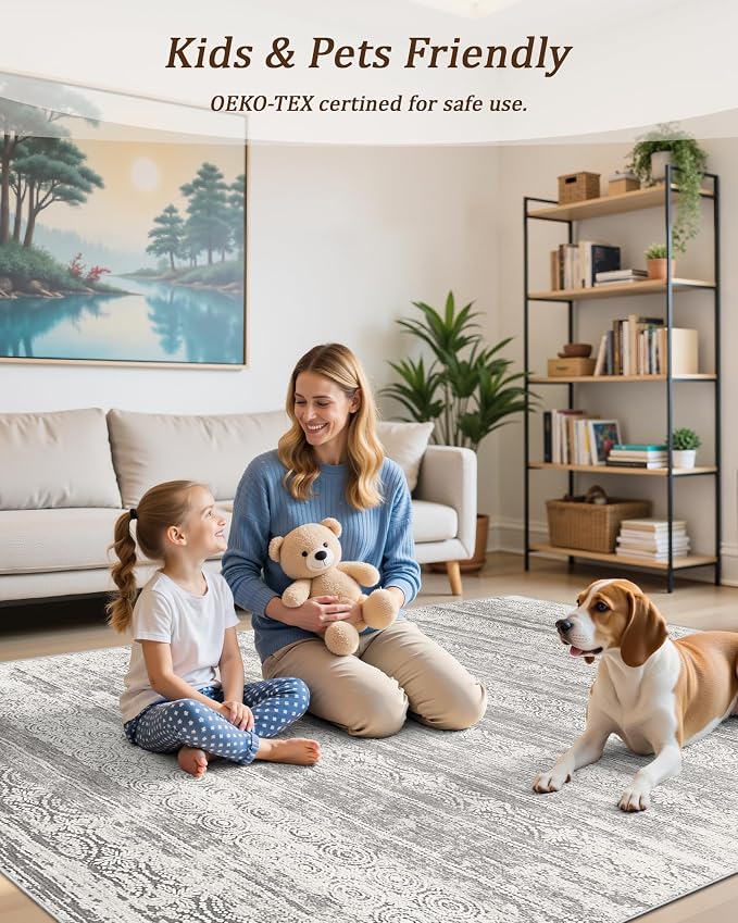 Miukiki 4x6 Washable Area Rug Non Slip Rug for Living Room Grey | Moroccan Soft Low Pile Indoor Area Rug for Living Room Bedroom Dining Room Stain Resistant Carpet with Easy Care 4'x6'