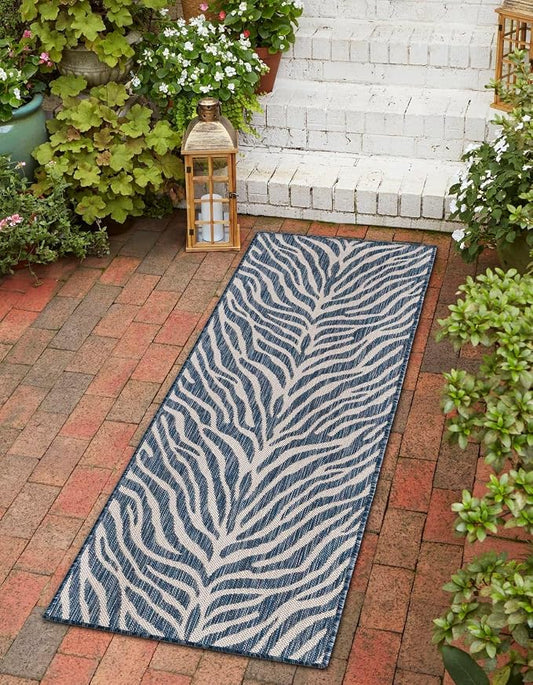 Unique Loom Outdoor Safari Collection Area Rug - Tsavo (2' x 8' Runner, Blue/ Ivory)