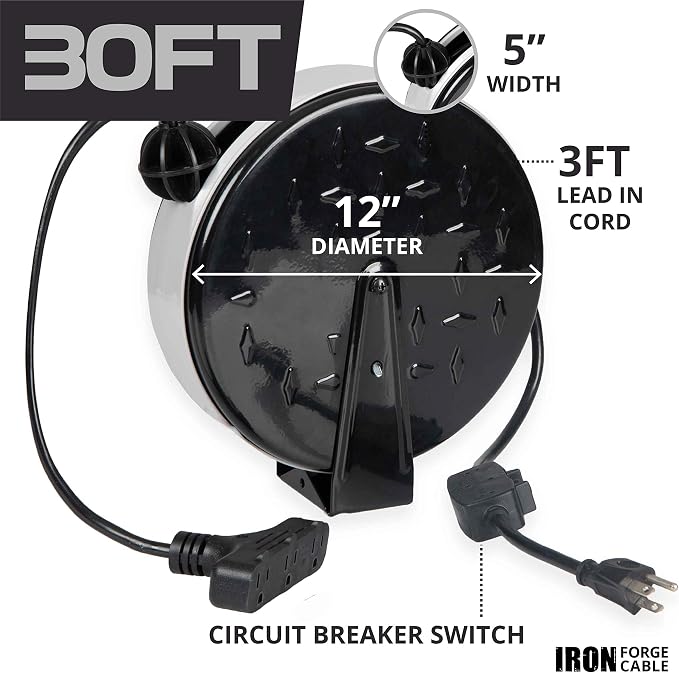 Iron Forge Cable 30 Ft Retractable Extension Cord Reel with Breaker Switch & 3 Outlets Pigtail, Metal Plate Ceiling/Wall Mount Hanging Extension Cord Reel 16/3 SJTW Retractable Cable for Garage & Shop
