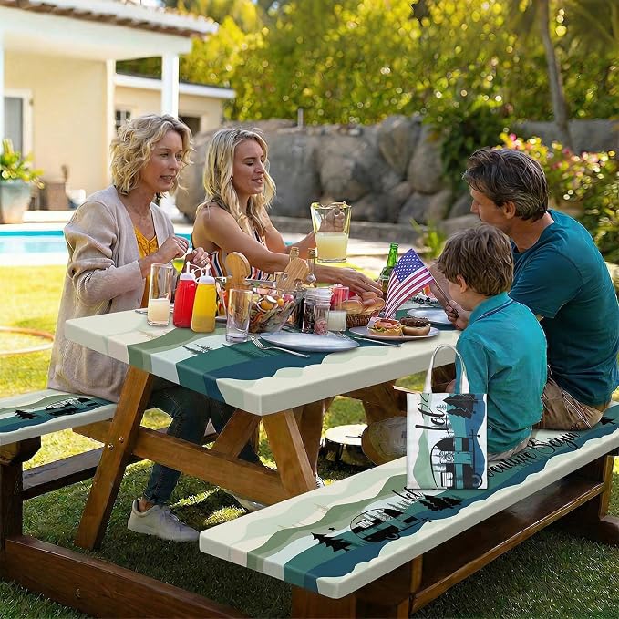Picnic Table Cover with Bench Covers Elastic Edges Outdoor Camping Essentials 4 Pcs Mountains Waterproof Oil-Proof Tablecloth with Handbag for RV Accessories Farmhouse Camping Rustic Party Decor 72 IN