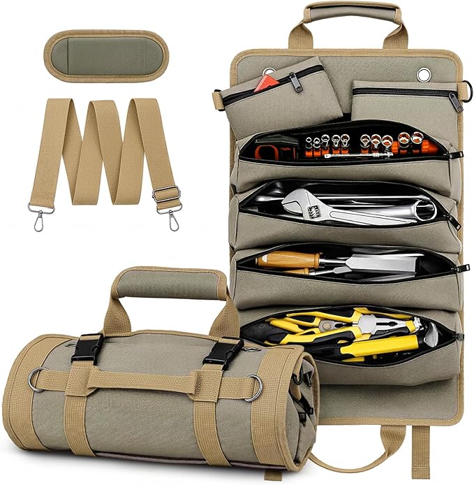 Tool Roll Up Bag, 1680D Heavy Duty Tool Bag Organizer with 2 Detachable Tool Pouches & Multiple Pockets, Waterproof Motorcycle Tool Roll for Mechanic & Electrician, Gift for Men Him Dad, 21.9"*13.8"