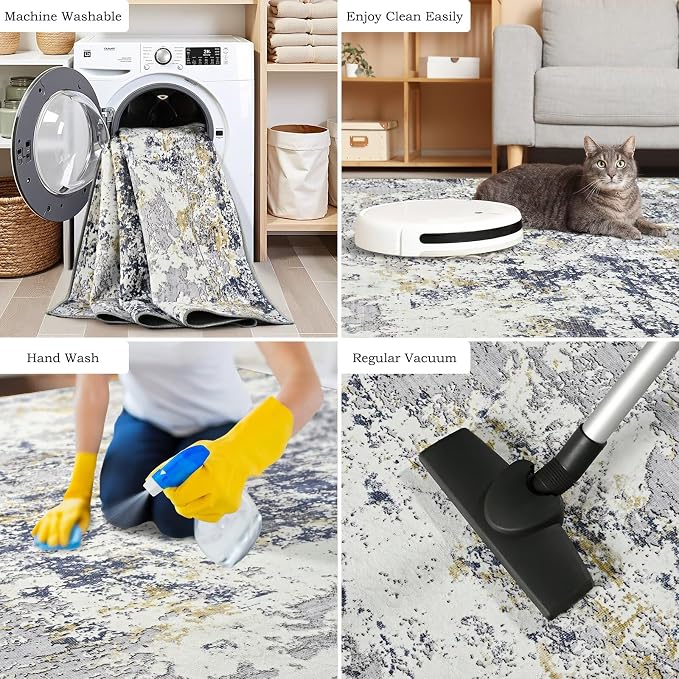 Toneed 4x6 Washable Non Slip Abstract Area Rugs for Bedroom Living Room | Soft Modern Low Pile Rug for Kitchen Hallway Office,Indoor Carpet for Kids Nursery Home Decor, Blue White Gold