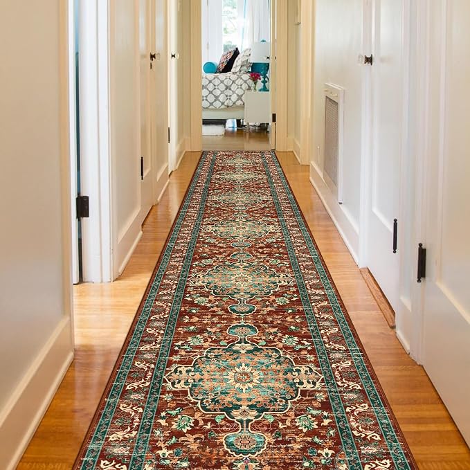 U'Artlines 2' x 14' Boho Hallway Runner Rug, Washable Carpet, Rust＆Teal | Non Slip, Vintage Farmhouse Accent Area Rug Carpet, for Kitchen Entryway Laundry and Living Room