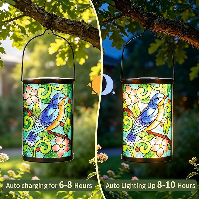 Solar Lantern Outdoor Waterproof Hanging Solar Lights Bluebird Glass Decorative Lanterns for Outdoor Patio Lawn Outside Yard Garden Decor