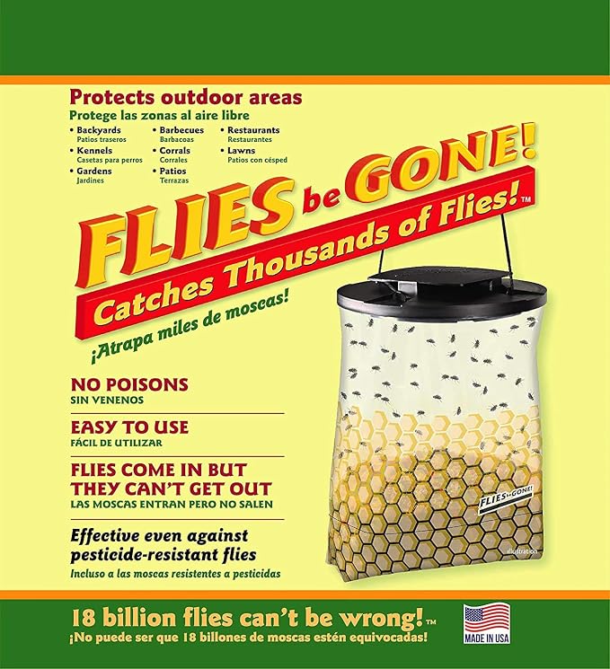 Flies Be Gone Fly Trap - Disposable Protein-Powered Attractant Fly Catcher - Made in USA - Natural Attractant Trap for Patios, Ranches. Easy to Use Outdoor Trap, Helps Manage Fly Populations Outdoors