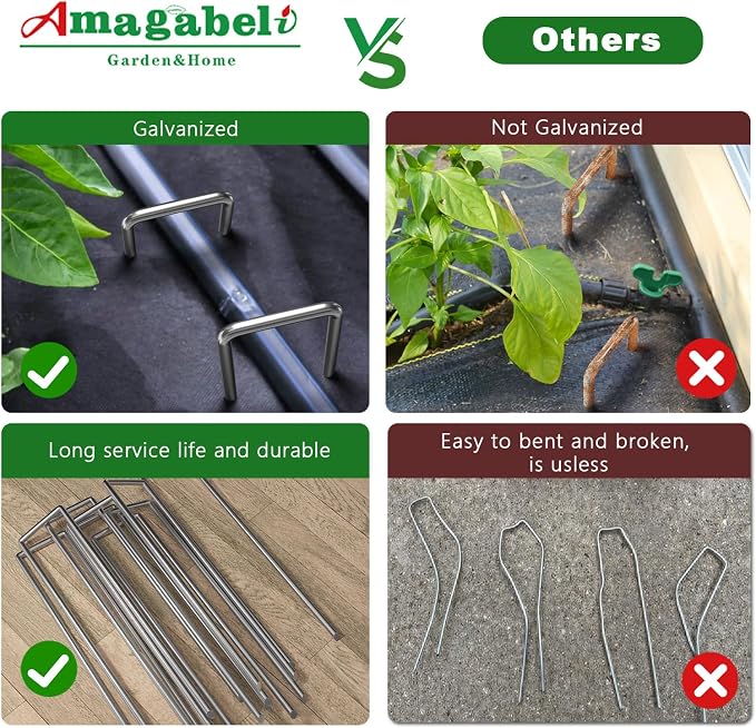 AMAGABELI 8 Inch 200 Pack Galvanized Landscape Staples 11 Gauge Anti-Rust Heavy Duty Garden Stakes Plant Cover Spikes U-Shaped Sod Pins Fence Stakes for Weed Barrier,Irrigation Tubing,Lawns,Decoration