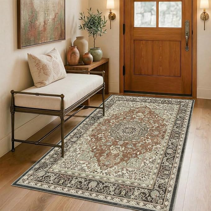 Washable 4'x6' Vintage Area Rug for Bedroom Living Room | Farmhouse Carpet For Bedroom Kitchen Office Hallway Entryway Printed Pattern Non-Slip Soft Stain-Resistant Easy To Clean
