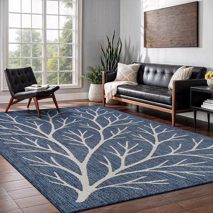 Washable Indoor Outdoor Rug 10x14 Modern Area Rugs Branch Pattern Non Shedding Waterproof Easy Clean Patio Deck Porch Living Room Bedroom Garden RV (10 X 14 Blue)