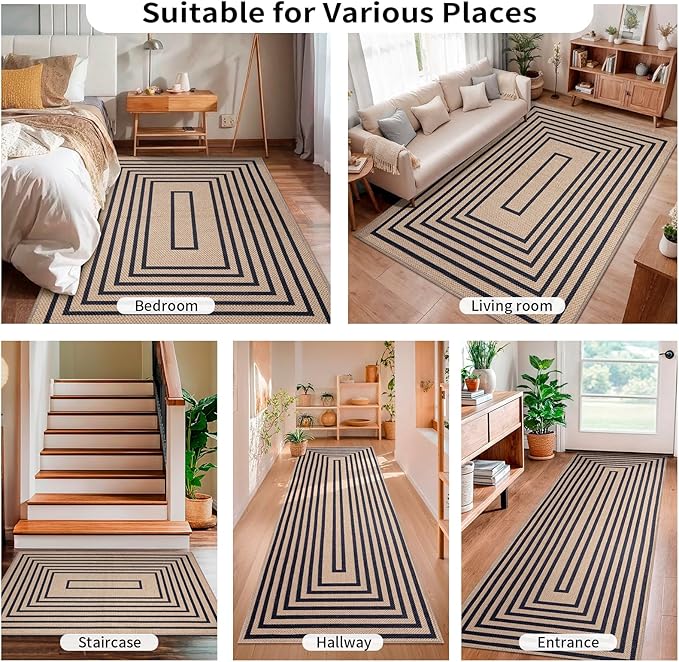 Tangsoo Easy Jute 3x5 Area Rug for Living Room,Non-Slip Black Thin Indoor Outdoor Rug,Boho Farmhouse Geometric Washable Carpet for Front Porch Bedroom Patio Entryway