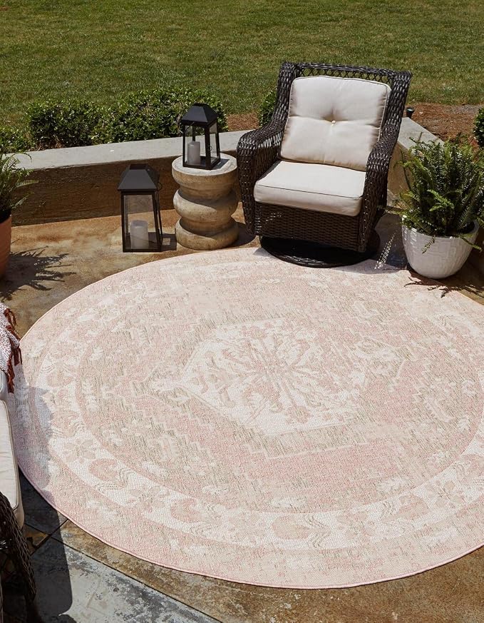 Unique Loom Outdoor Traditional Collection Area Rug - Valeria (4' 1" Round, Pink/ Ivory)