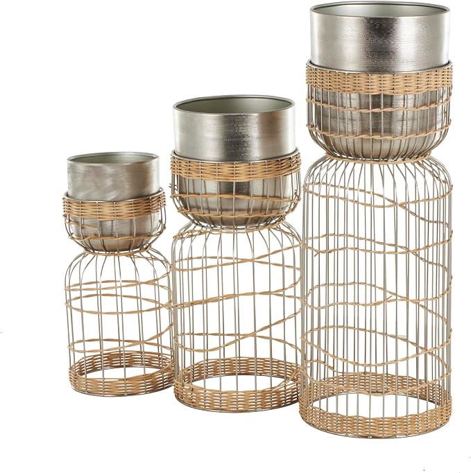 Deco 79 Metal Indoor Planter Textured Dome Large Planter Pot with Woven Rattan and Caged Rod Pedestal Base, Set of 3 Planters 30", 23", 18" H, Silver