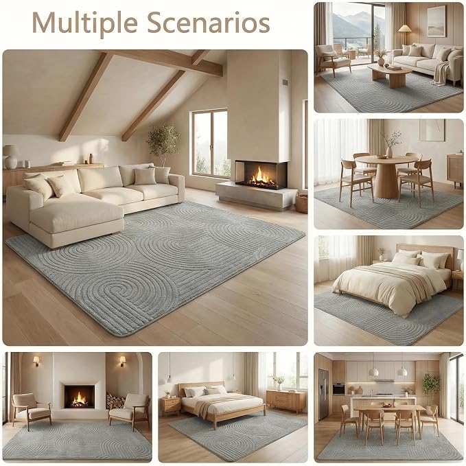 Grey Geometric 5x7 Solid Area Rug, Washable for Living Room Bedroom | Ultra Soft Thick Boho High-Low Pile Textured Indoor Carpet, Fluffy, Non-Slip Rugs for Bedside, Kids Room, Nursery,Home Office