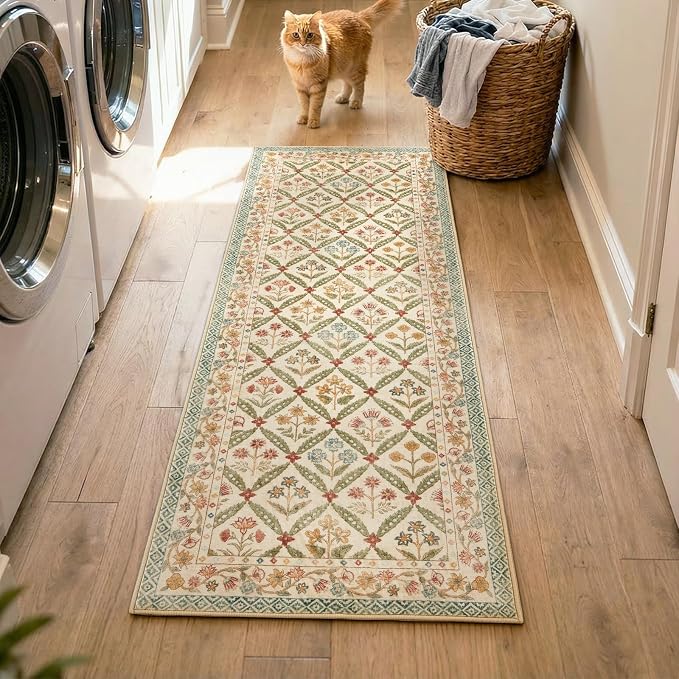 jinchan Runner Rug 2x5 Vintage Floral Washable Hallway Area Rug, Teal Blue | Soft & Lightweight, Checkered Floral, Low Pile, Non Slip, Entryway, Kitchen, Bedside, Laundry Room, Cottage Decor