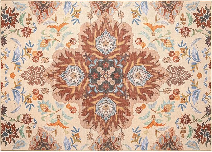Phantoscope Washable Area Rug 5'x7' Non-Slip, Vintage Boho Rugs for Living Room, Bedroom, Dining Room, Fall Orange Floral Medallion Pattern, Low-Pile Foldable Floor Carpet, Rust/Multi Floral