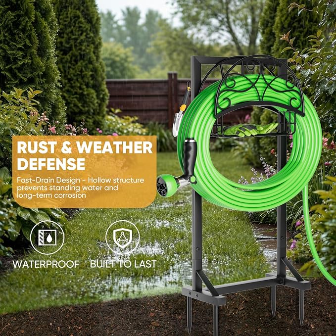 Heavy-Duty Garden Hose Holder with Storage Basket and Tool Hooks, Stable Freestanding Hose Stand Holds 160Ft, Metal Hose Hanger, Rustproof Water Hose Holder Storage for Outside,Yard,Lawn,Farm