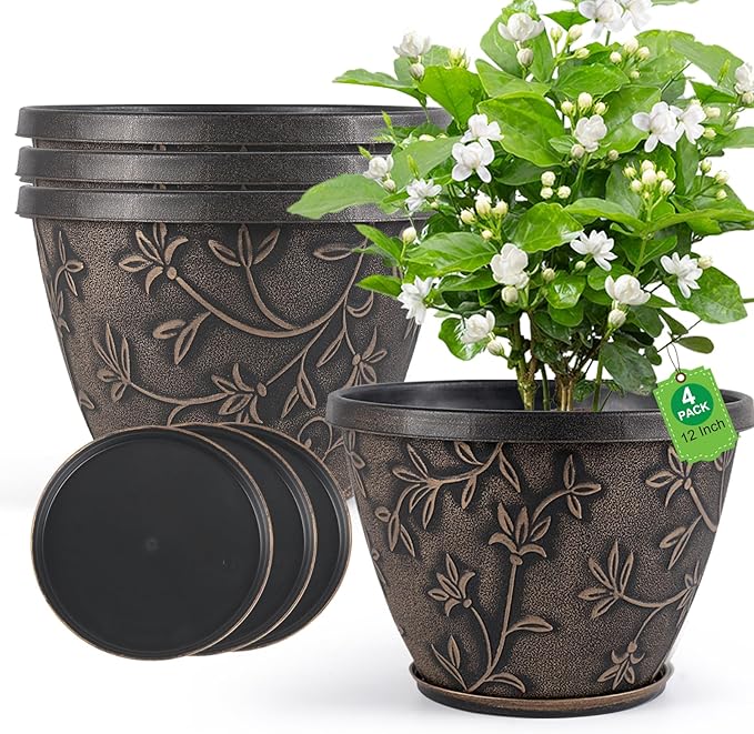 Nooulap 12 Inch Pots for Plants with Drainage, Large Plastic Flower Pots Outdoor Indoor, Decorative Planters with Gold Flower Pattern for Home, Porch, Balcony & Garden (Retro Brown)