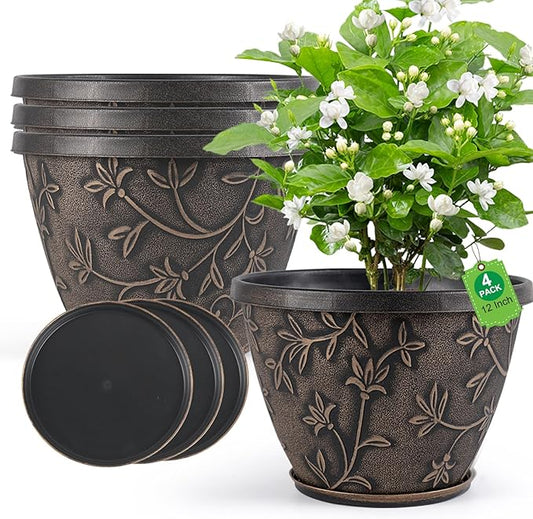 Nooulap 12 Inch Pots for Plants with Drainage, Large Plastic Flower Pots Outdoor Indoor, Decorative Planters with Gold Flower Pattern for Home, Porch, Balcony & Garden (Retro Brown)
