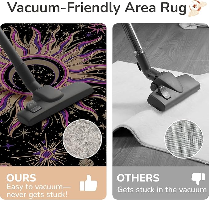 Vacuum-Friendly, 2x8 Washable Area Rug, Black Purple Beige | Sun and Moon Boho Gothic Non-Slip Low Pile Living Roon Bedroom Dining Room Kitchen Entry Entryway Entrance Hallway Doormat