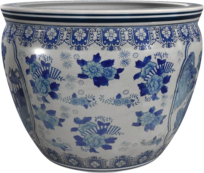 Red Lantern 12" Ladies Blue & White Porcelain Fishbowl Planter or Cachepot for Indoor/Outdoor Use in Garden Entryway Living Room Boho Eclectic Modern Contemporary Classic Traditional Style Decor